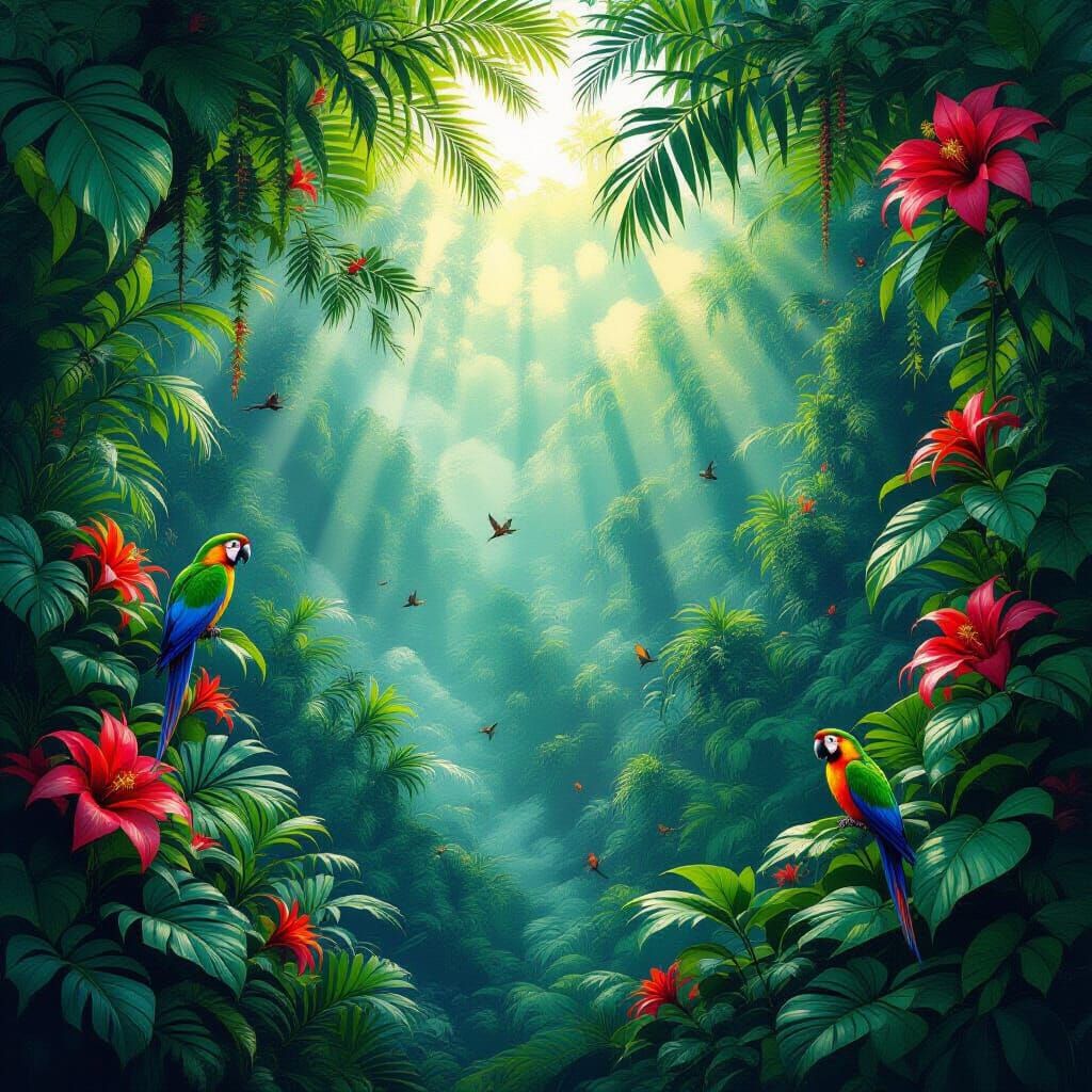 Vibrant Tropical Rainforest with Exotic Birds