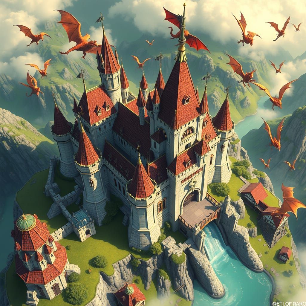 Overhead View of Fairy-Tale Castle with Dragons