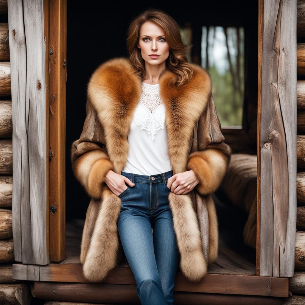 Two Beautiful Women in Fur Coats in Log Cabin