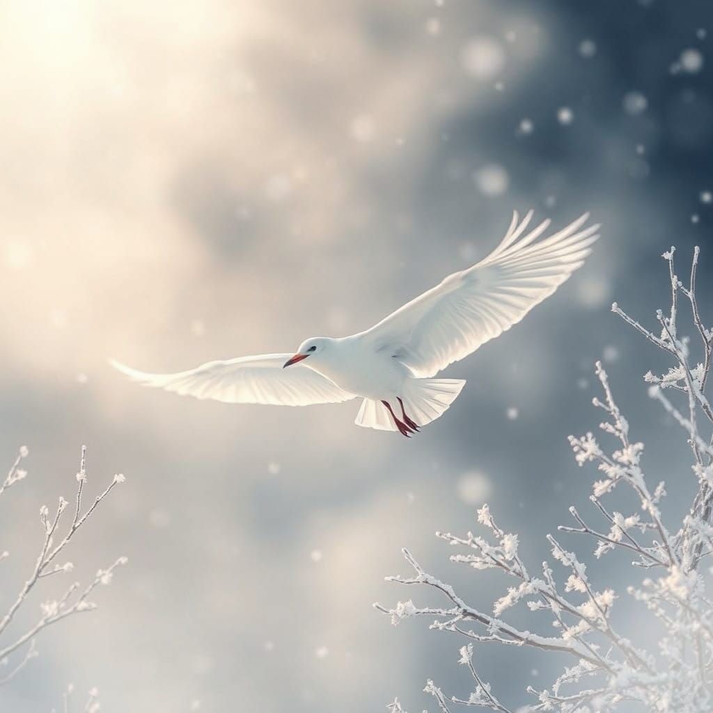 Ethereal White Bird Soars Through Mystical Winter Wonderland