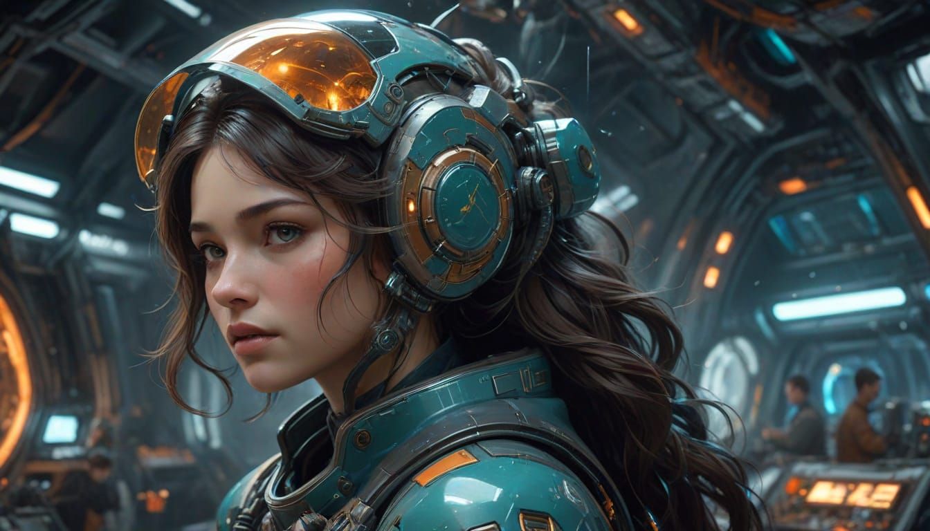 Hyperdetailed Starship Repair Scene in Art Nouveau Style