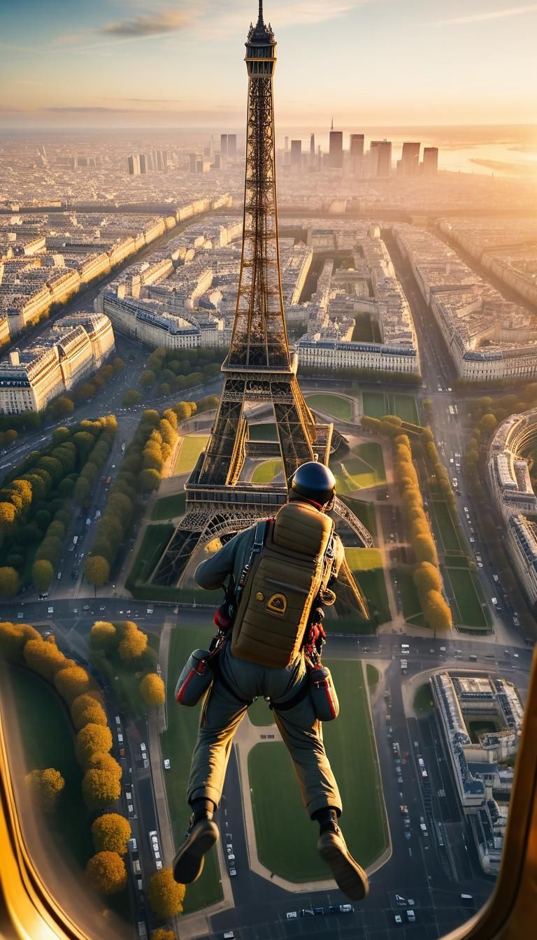 Base Jump Over Eiffel Tower at Sunrise