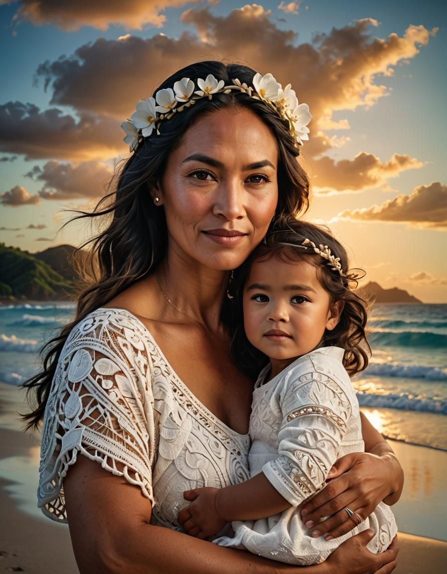 Touching Portrait of Polynesian Mother and Child