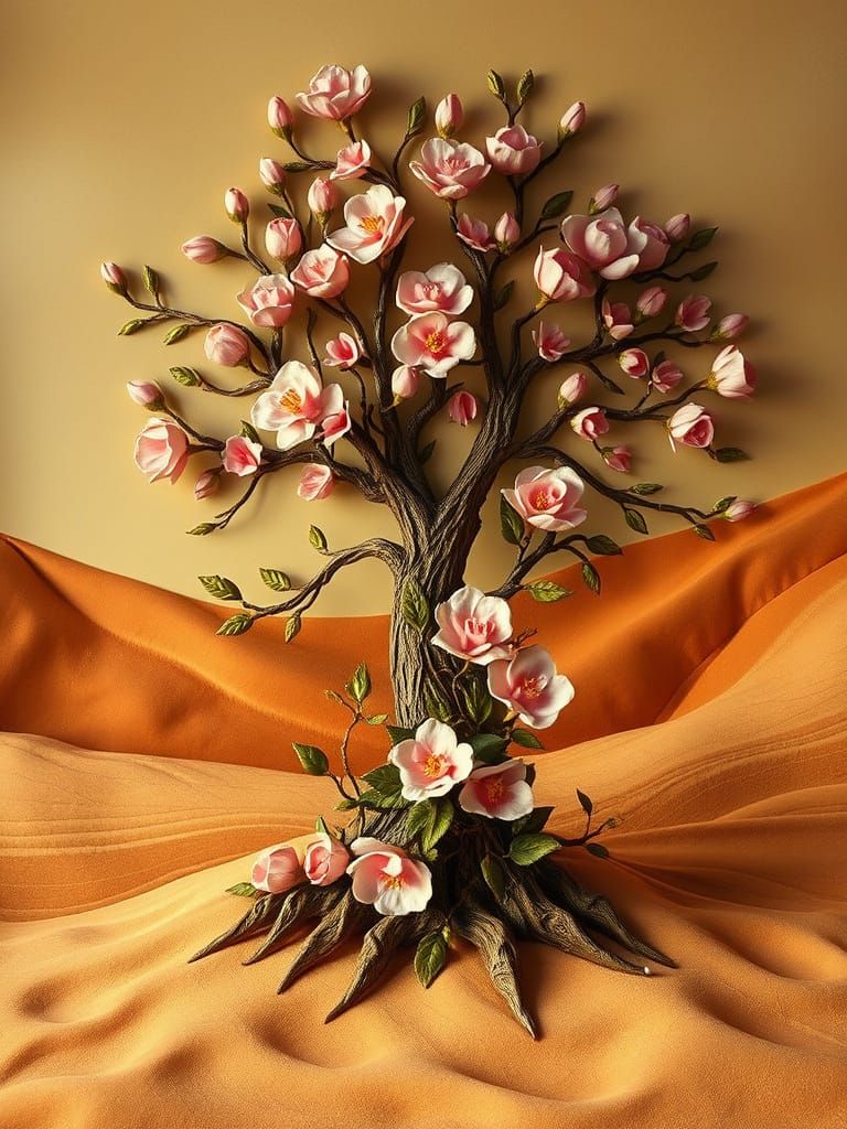 Fantasy Tree with Pink Embroidery in Caramel Landscape