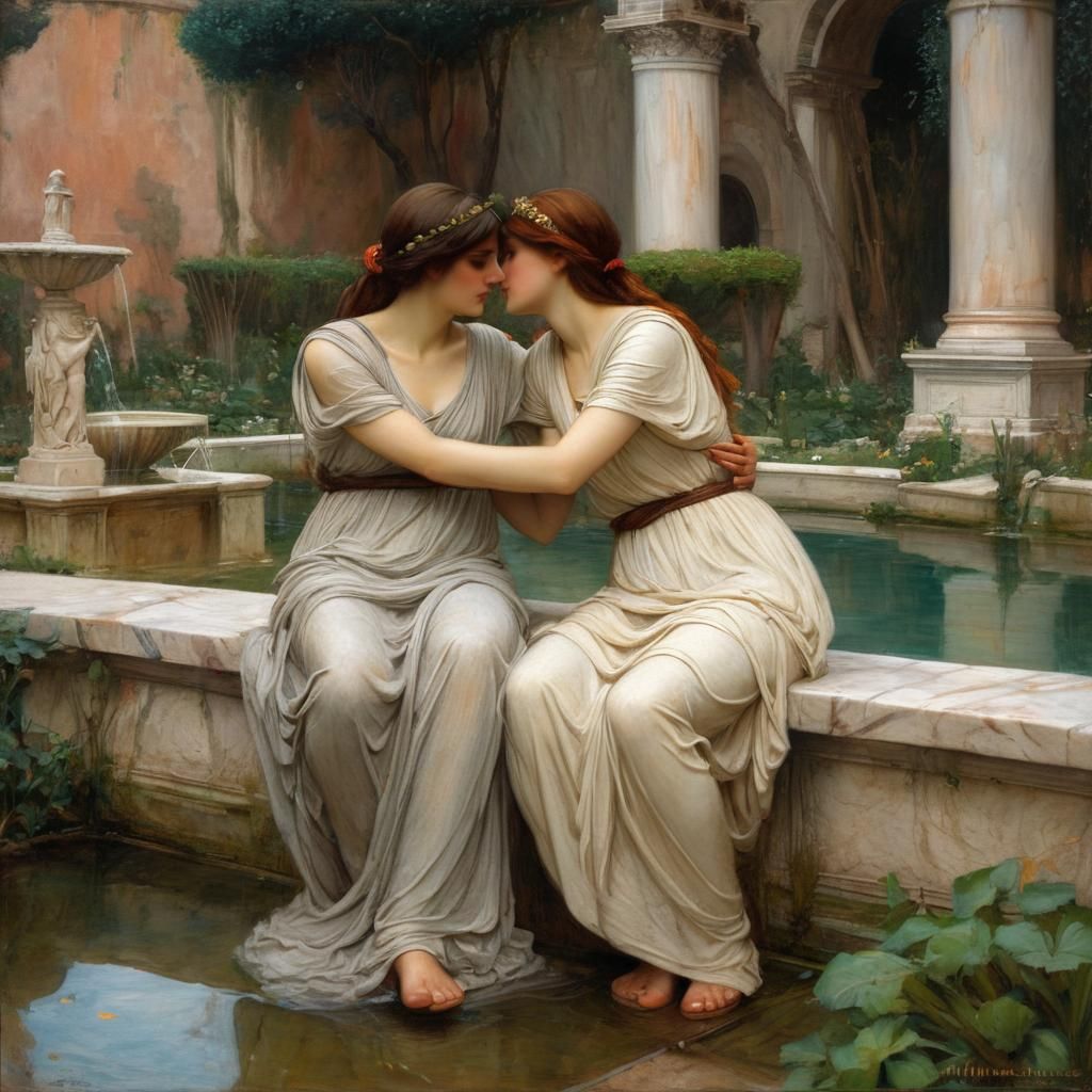Art by John William Waterhouse, romantic scene, two Roman wo...