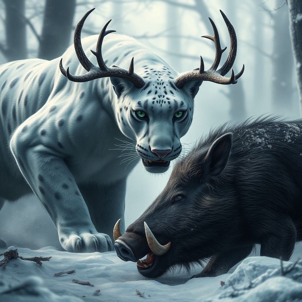 Snow Panther with Antlers Hunting Boar: Digital Matte Painti...