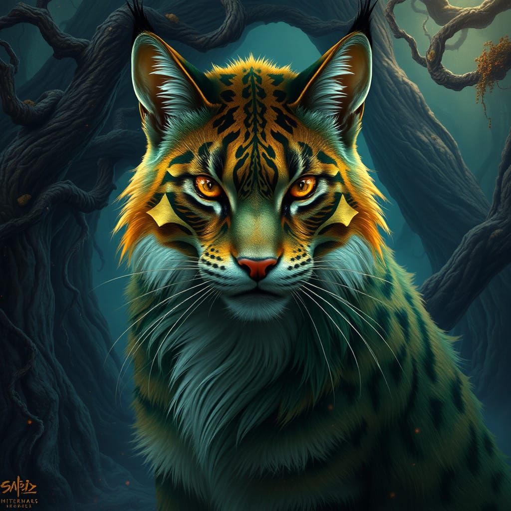 Regal Warrior Cat in Emerald Forest Landscape