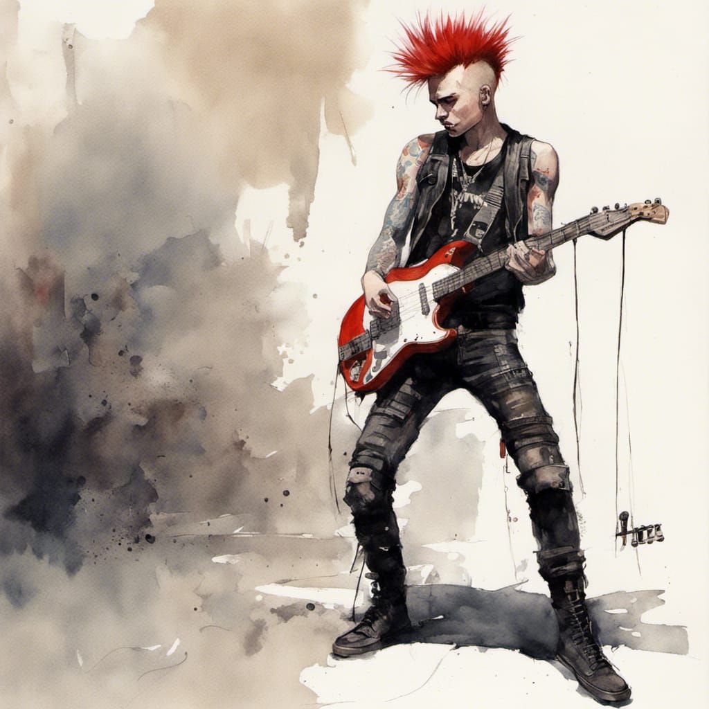 Punk Rocker Guitarist in Intense Watercolor Style
