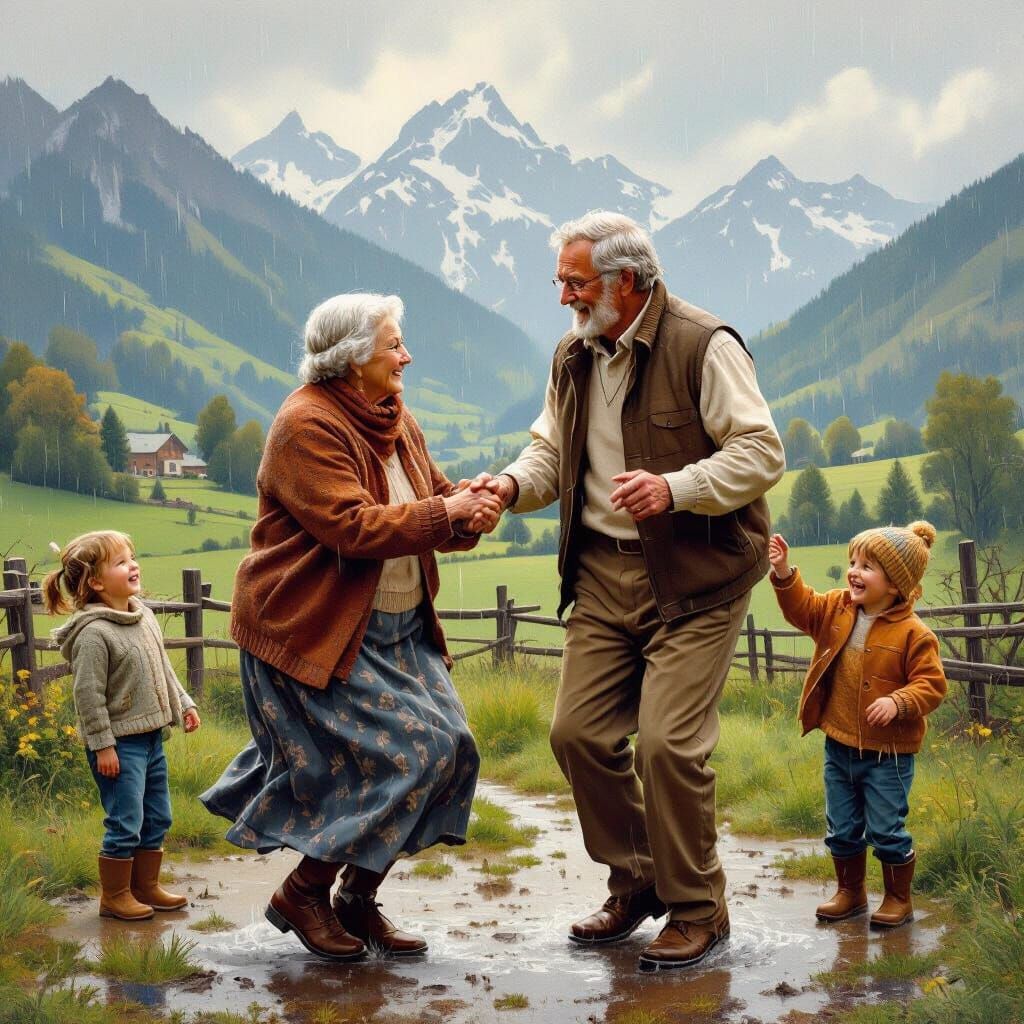 Grandparents Dancing in Rain, Rockwell-esque Countryside Sce...