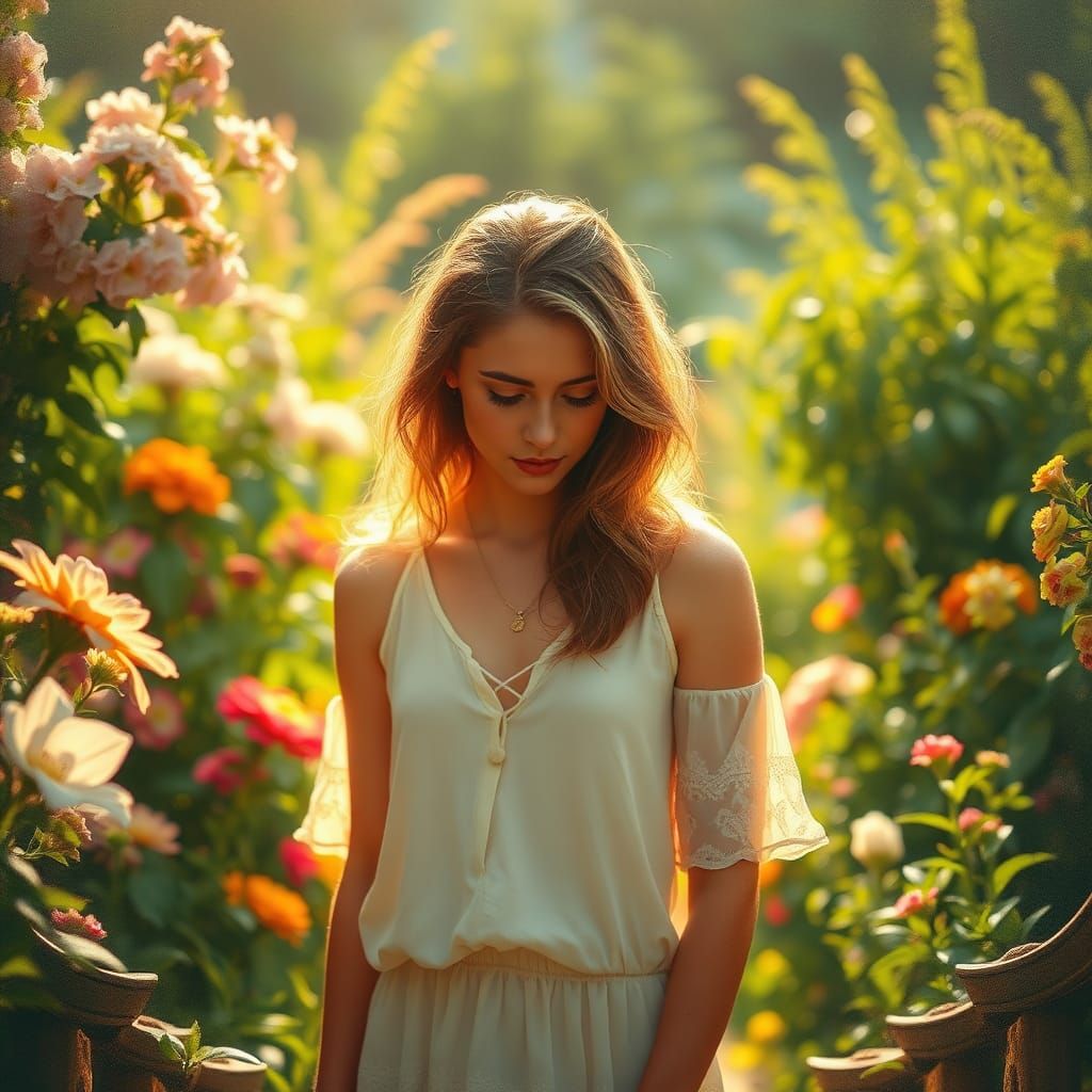 Contemplative Woman in Garden as Impressionist Painting