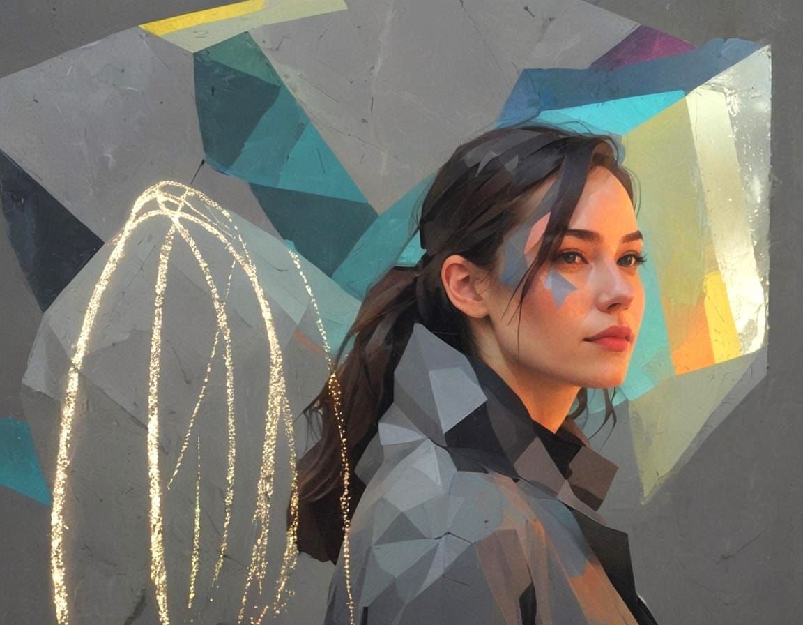 Low-Poly Woman in Neon-Lit Architectural Illustration