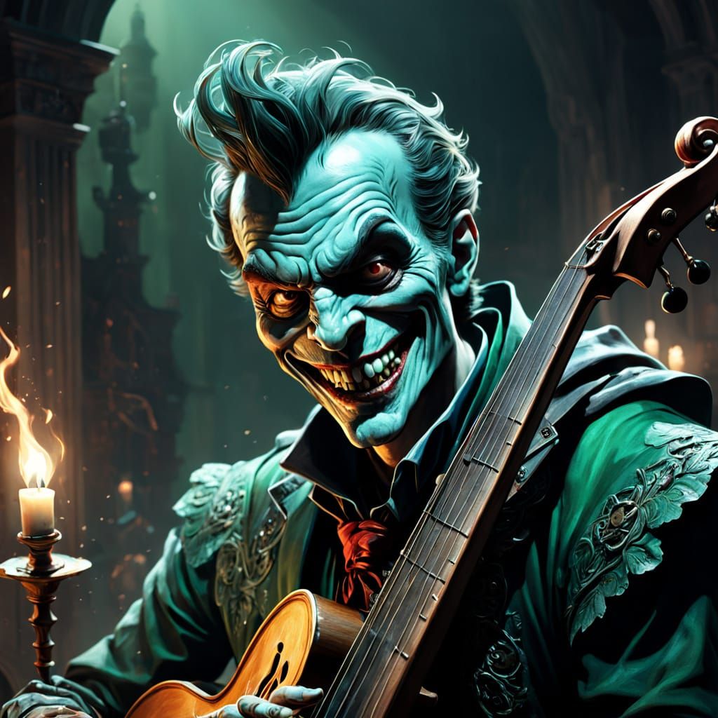 Sinister Musician in Emerald and Crimson Horror Style