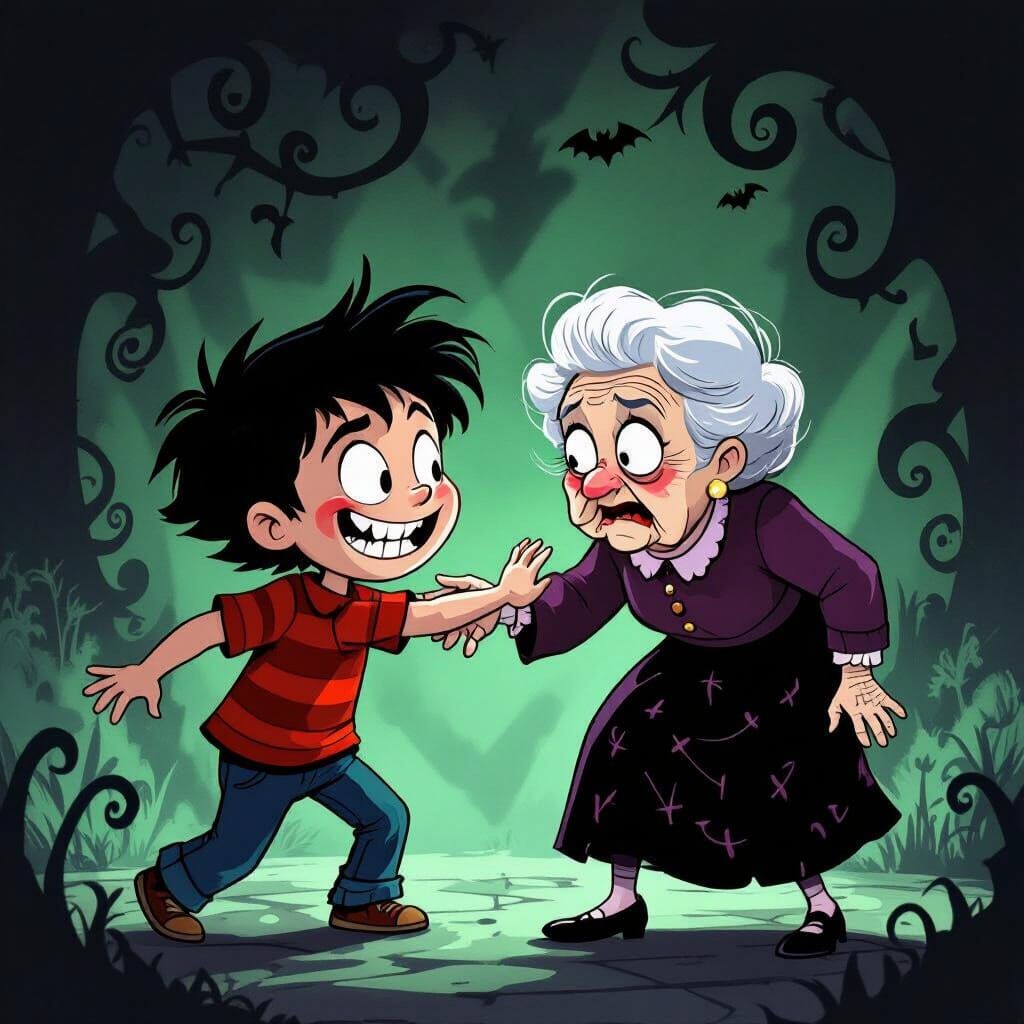 Mischievous Child Pushes Elderly Woman in Dark Animated Styl...