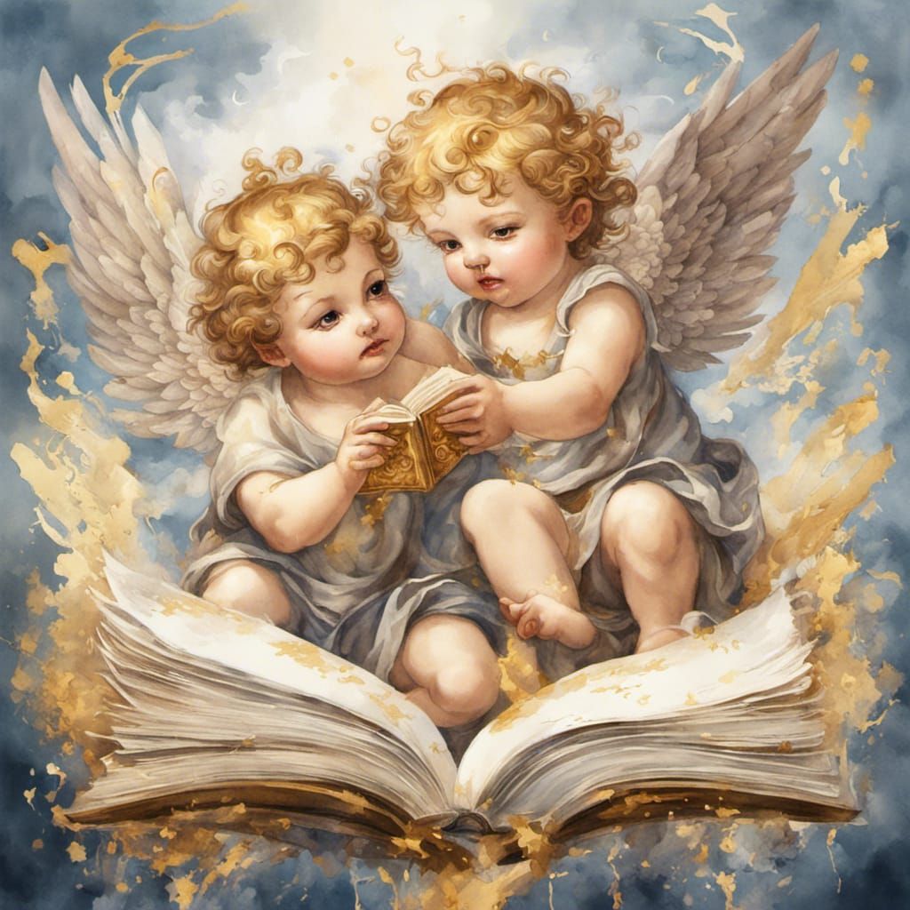 Cherubs Playing with Book: Watercolor Illustration