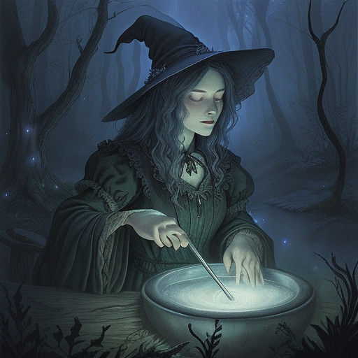 Ethereal Witch by Moonlight in Whimsical Fantasy Style