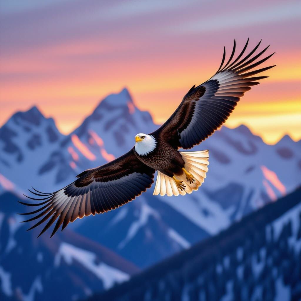 Bald Eagle Soaring Above Rocky Mountains at Dawn