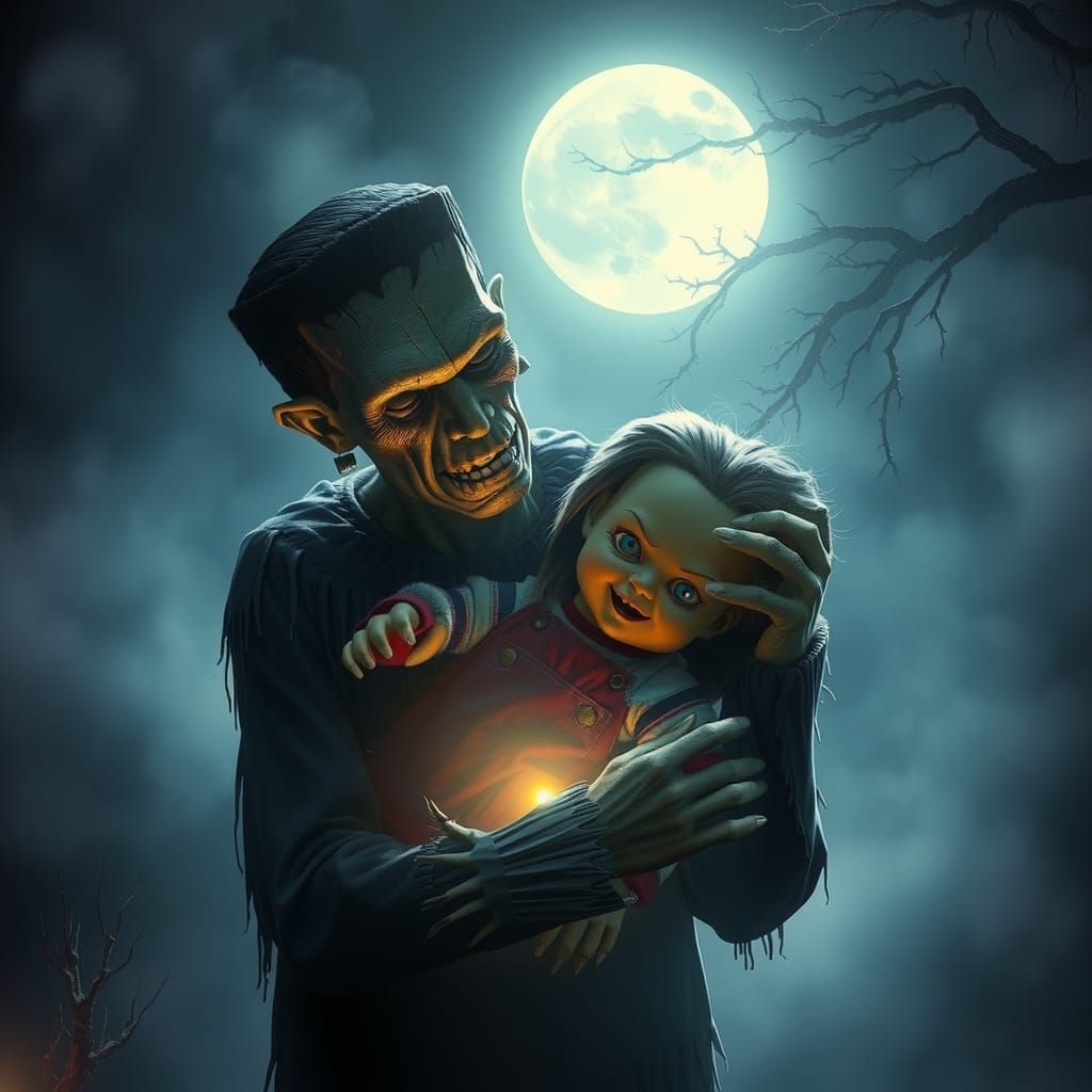 Frankenstein's Monster Cradles Chucky Doll