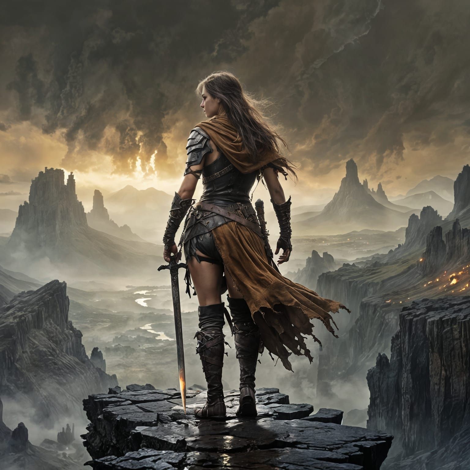 Warrior Woman Overlooking Ruined Fantasy Landscape