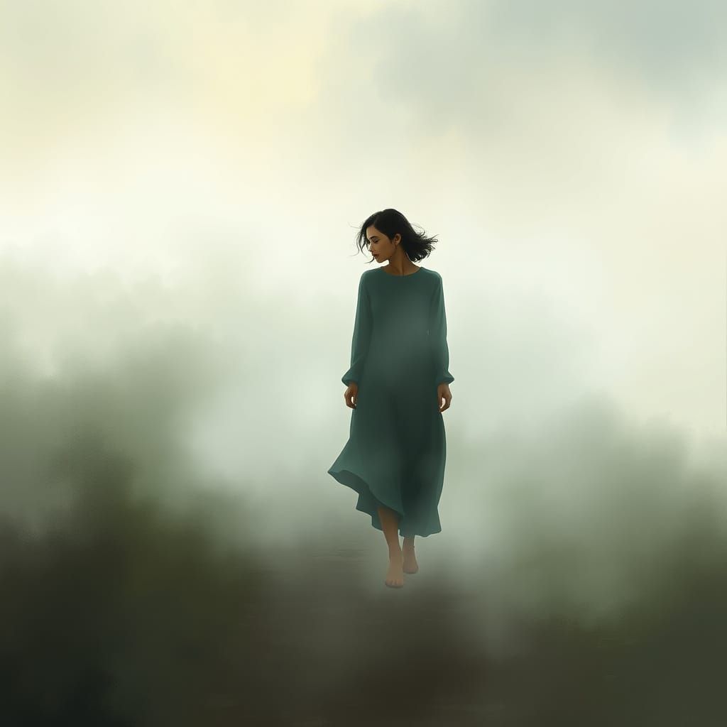 Serene Woman Embodies Timeless Journey in Ethereal Landscape