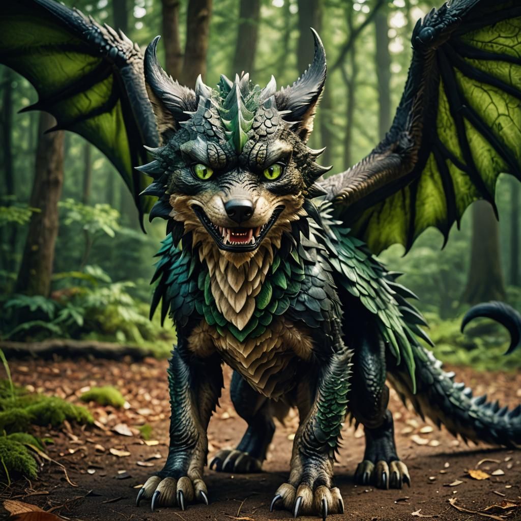 Toothless Wolf Hybrid with Dragon Wings, Cinematic Photo