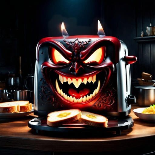 Burning Vampire Toaster in Dark Kitchen Corner