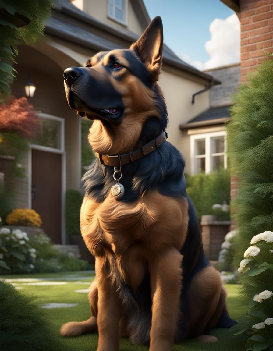 Enormous Dog in Backyard, 3D Digital Art