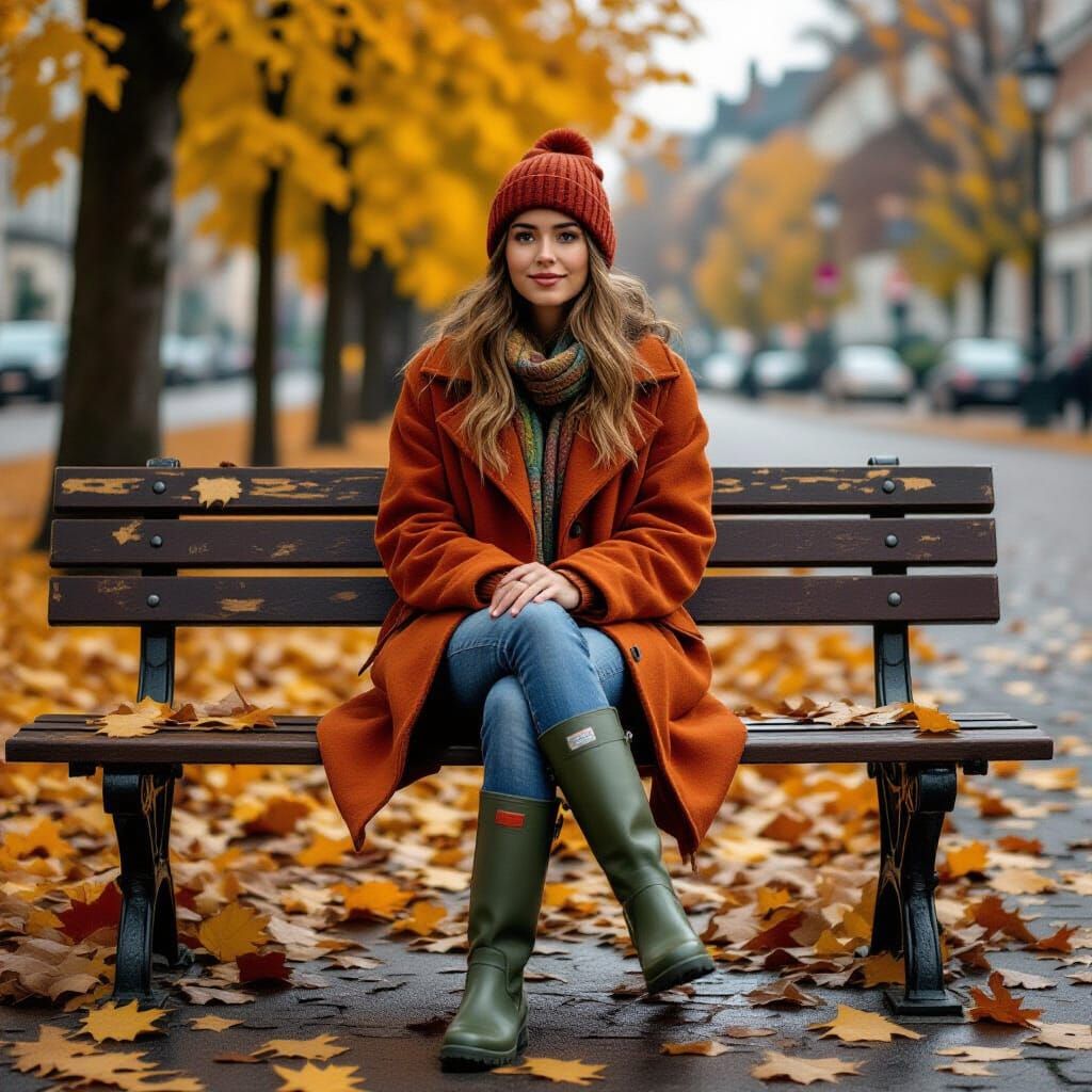 Woman in Muddy Boots on Autumn Park Bench