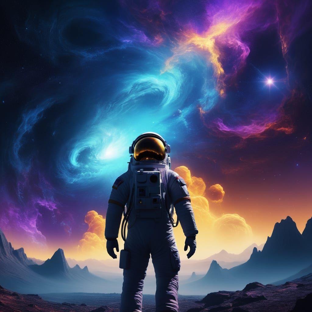Astronaut Howls at Swirling Nebula in Sci-Fi Concept Art
