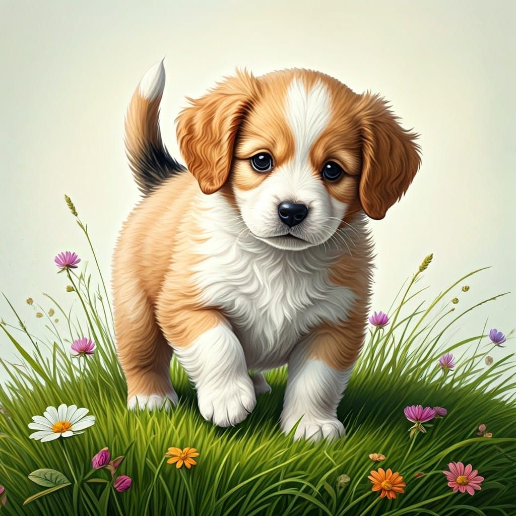 Adorable Puppy Playing in a Whimsical Meadow