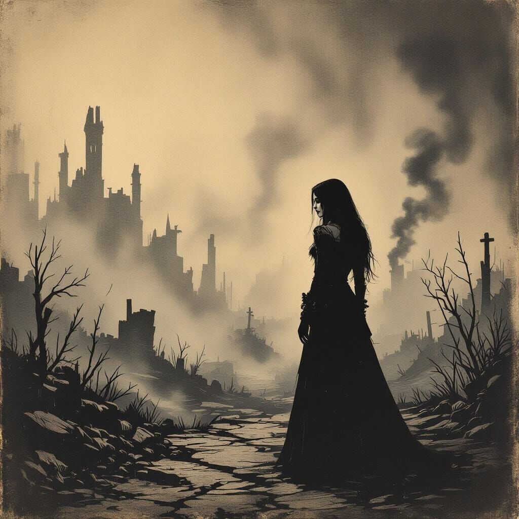 Goth Model in Foggy Dystopia, Primitive Woodcut Style