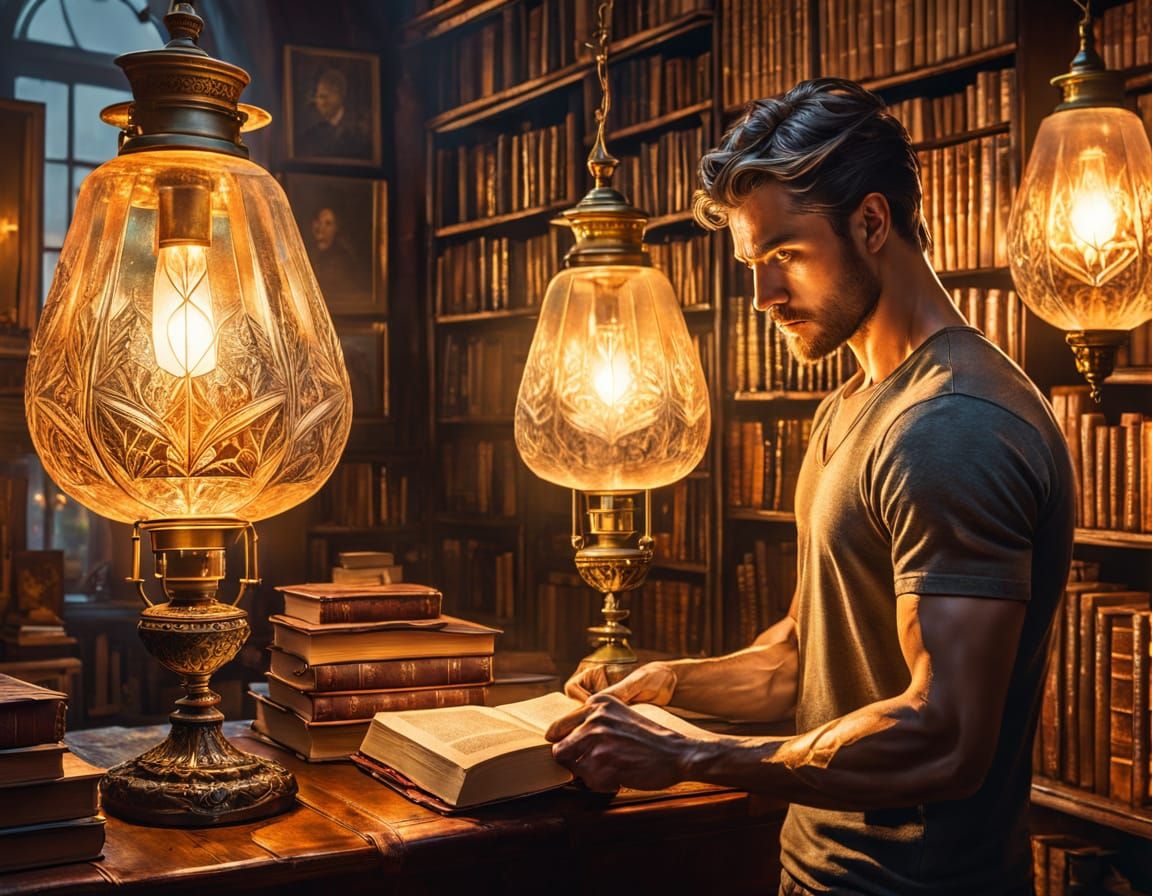 Man Absorbing Wisdom in Bookroom, Impasto Oil Painting