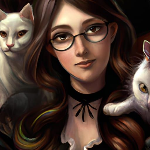 Young Witch Portrait with Cats in Digital Art Style