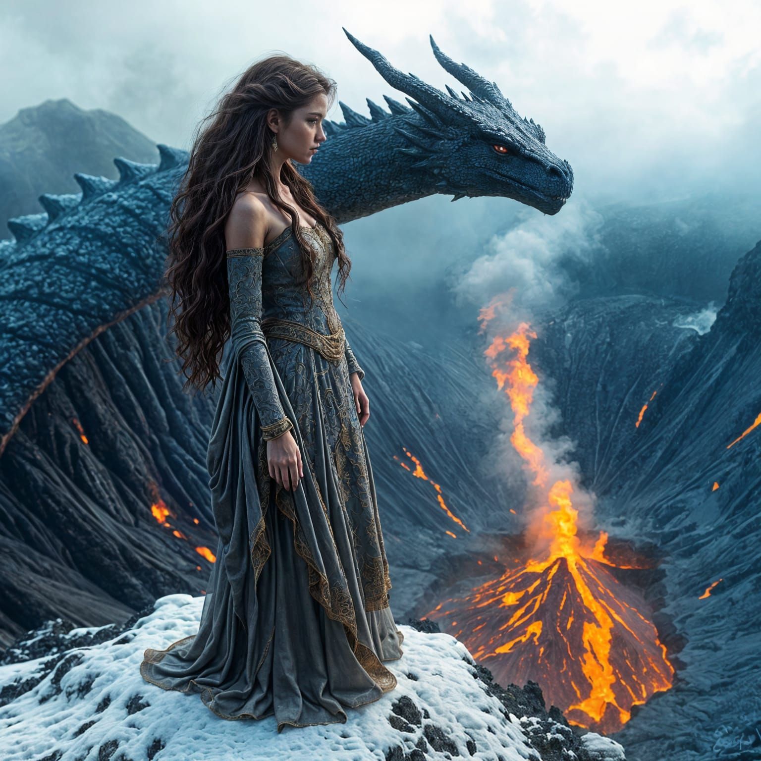 Surreal Beauty Stands at Volcano's Edge with Loyal Dragon