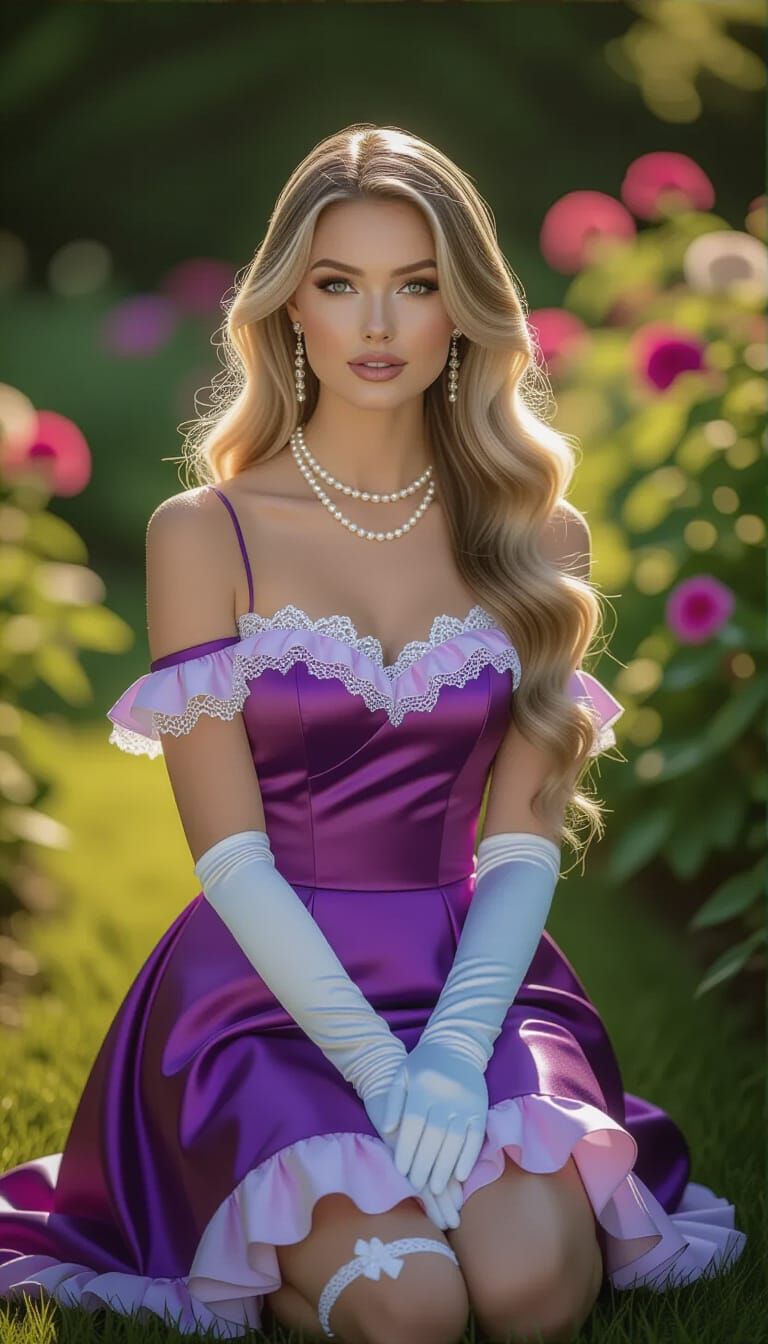 Elegant Woman in Purple and Pink Satin Dress Poses in Garden
