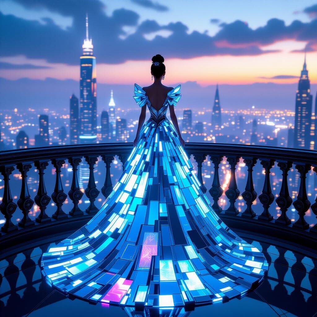 Regal Figure in Shimmering Glass Gown Overlooking Cyberpunk ...