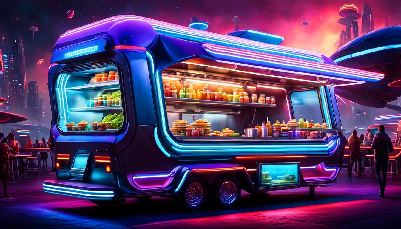 Futuristic Spaceship Food Truck for Aliens in Neon Style
