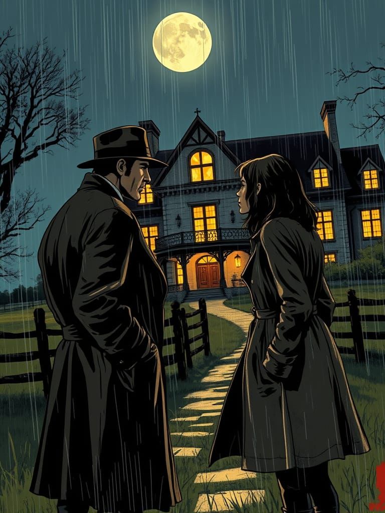Noir Detective Argument in Rainy Rural Setting