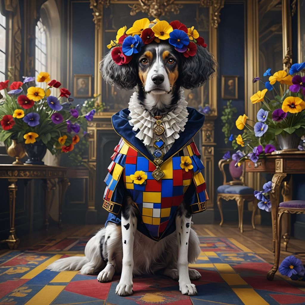 Baroque Dog in Mondrian Dress in Elegant Room