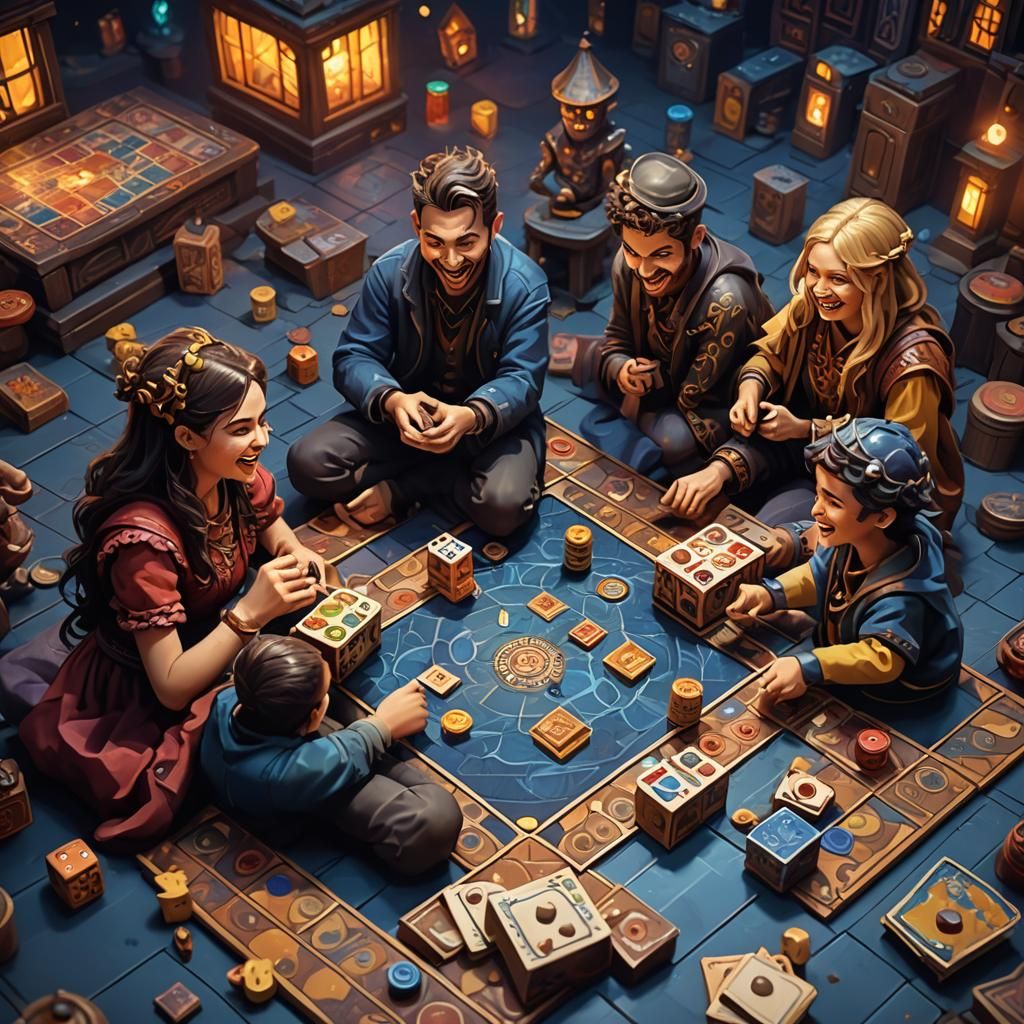 Friends Play Board Game at Night: 3D Art