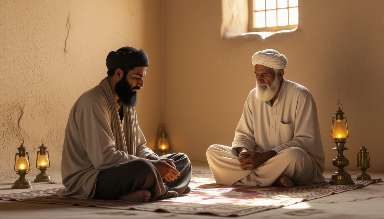 Sheikh Ali Prayers in Ancient Mosque, Realistic Style