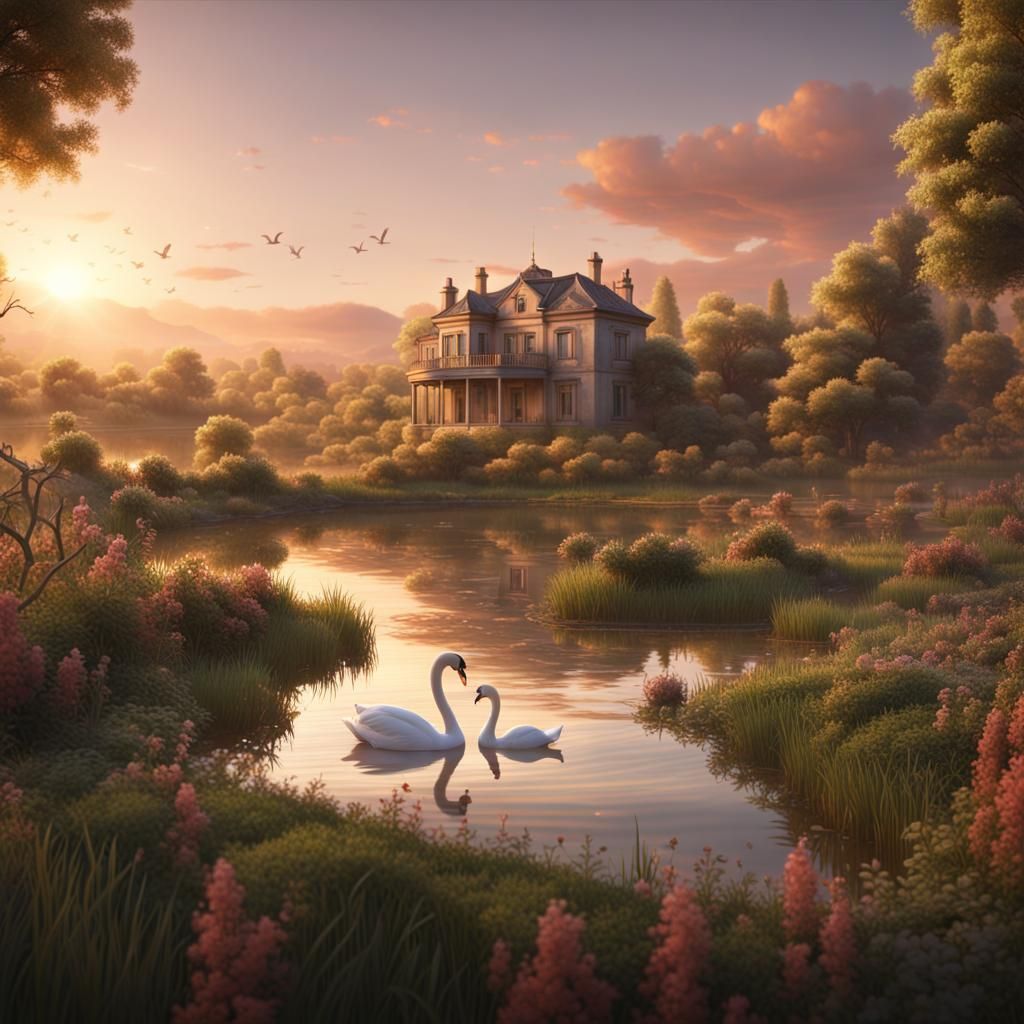 Swan Lake Pastoral Landscape in Sunset Tones