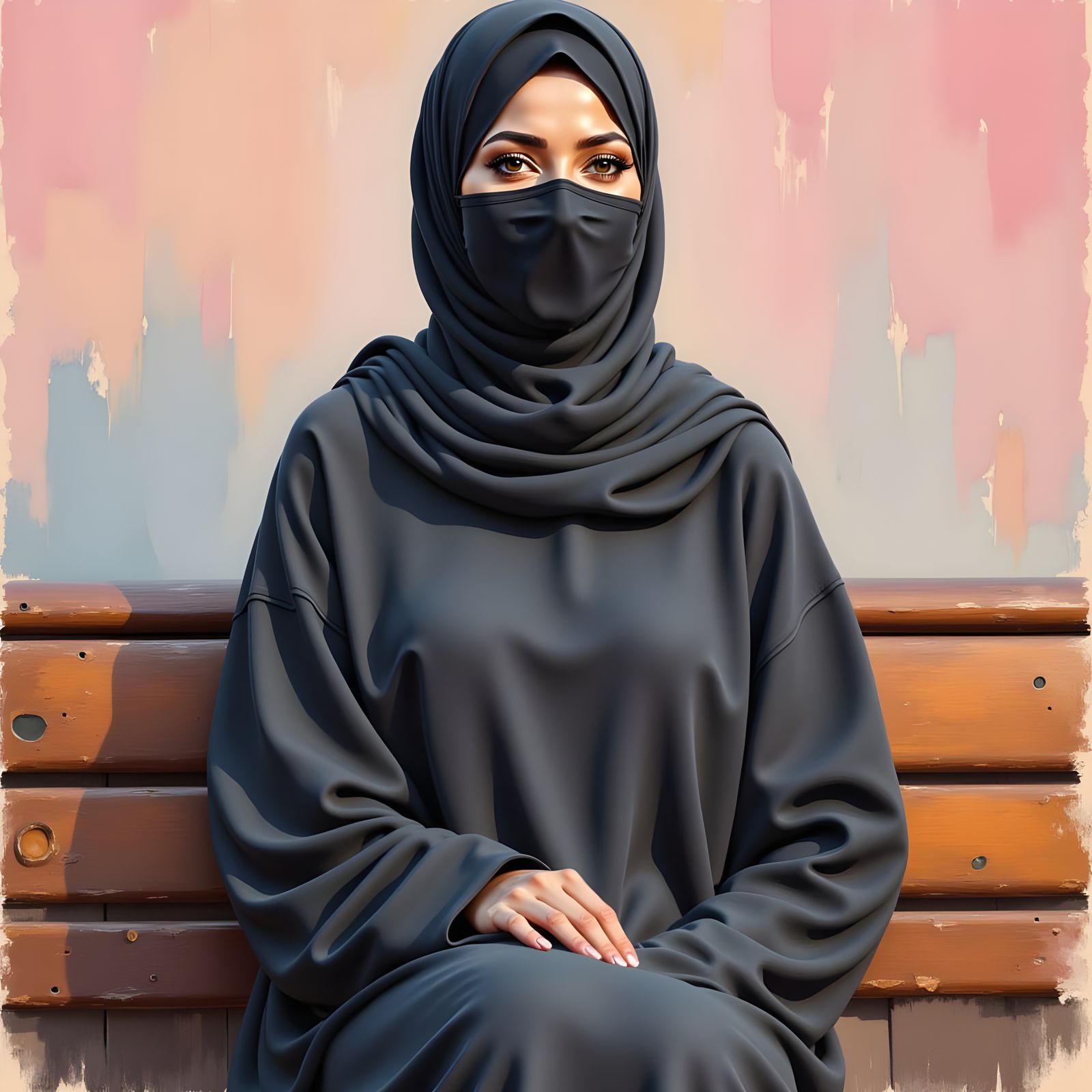 Serene Hijabi Woman on Bench in Oil-Gouache Style