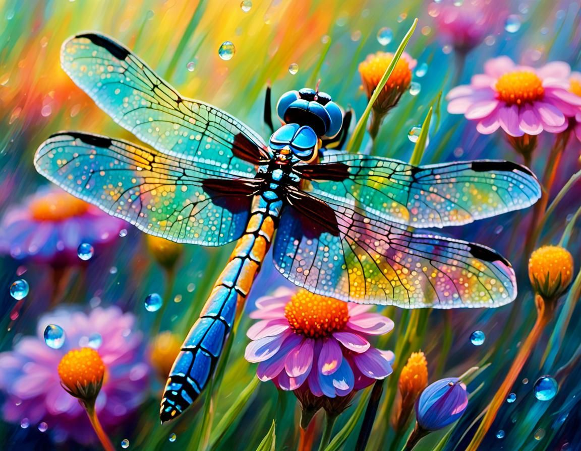 Pastel Dragonfly Macro in Impressionist Style