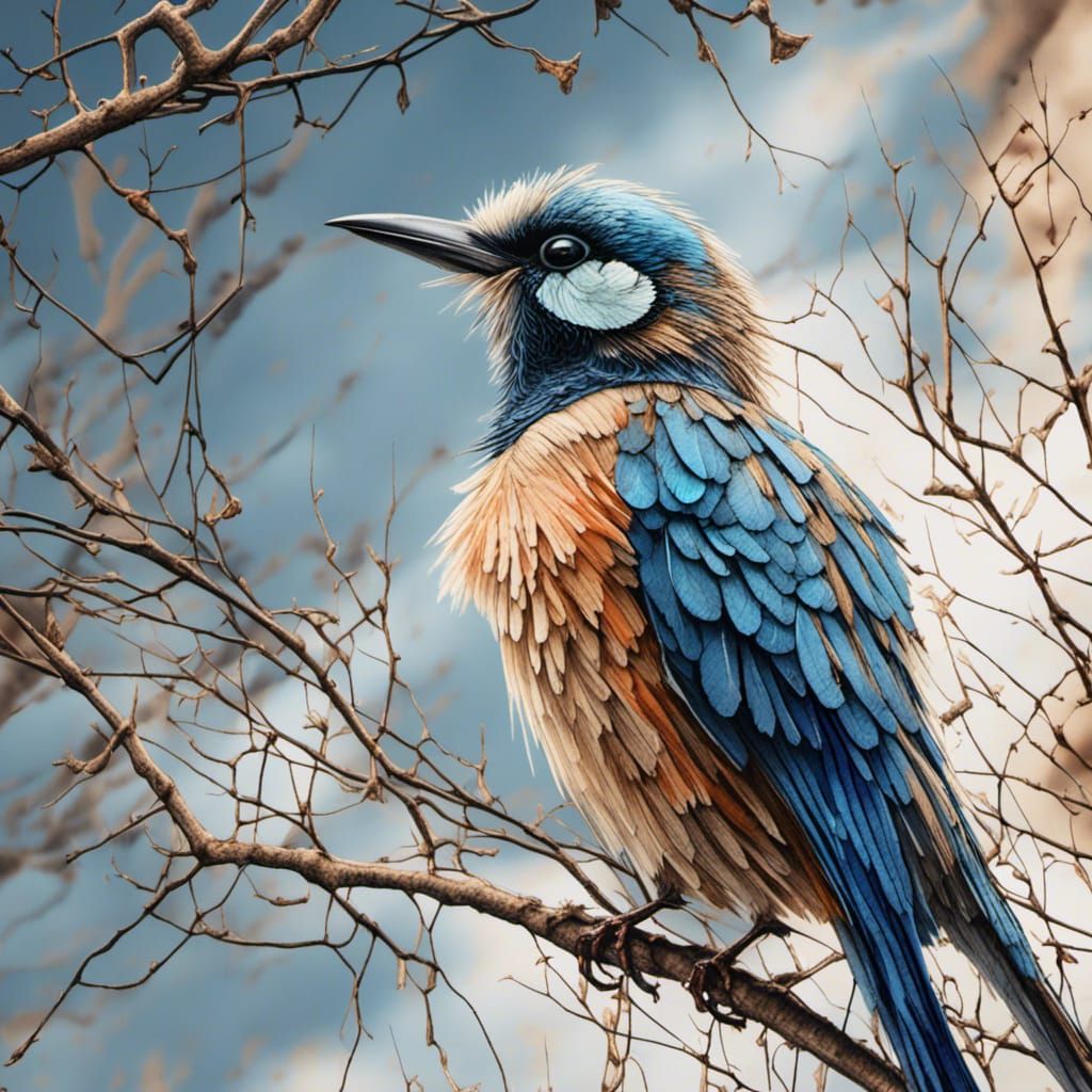 Watercolor Bird on Branch in Blue Sky