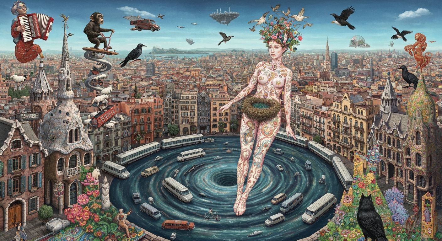 Bioluminescent Figure in Gaudí Cityscape: Surreal Utopia