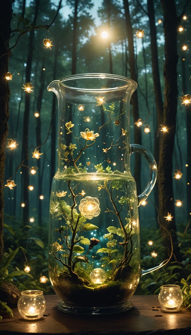 Earth in Glass Pitcher: Enchanted Forest Scene