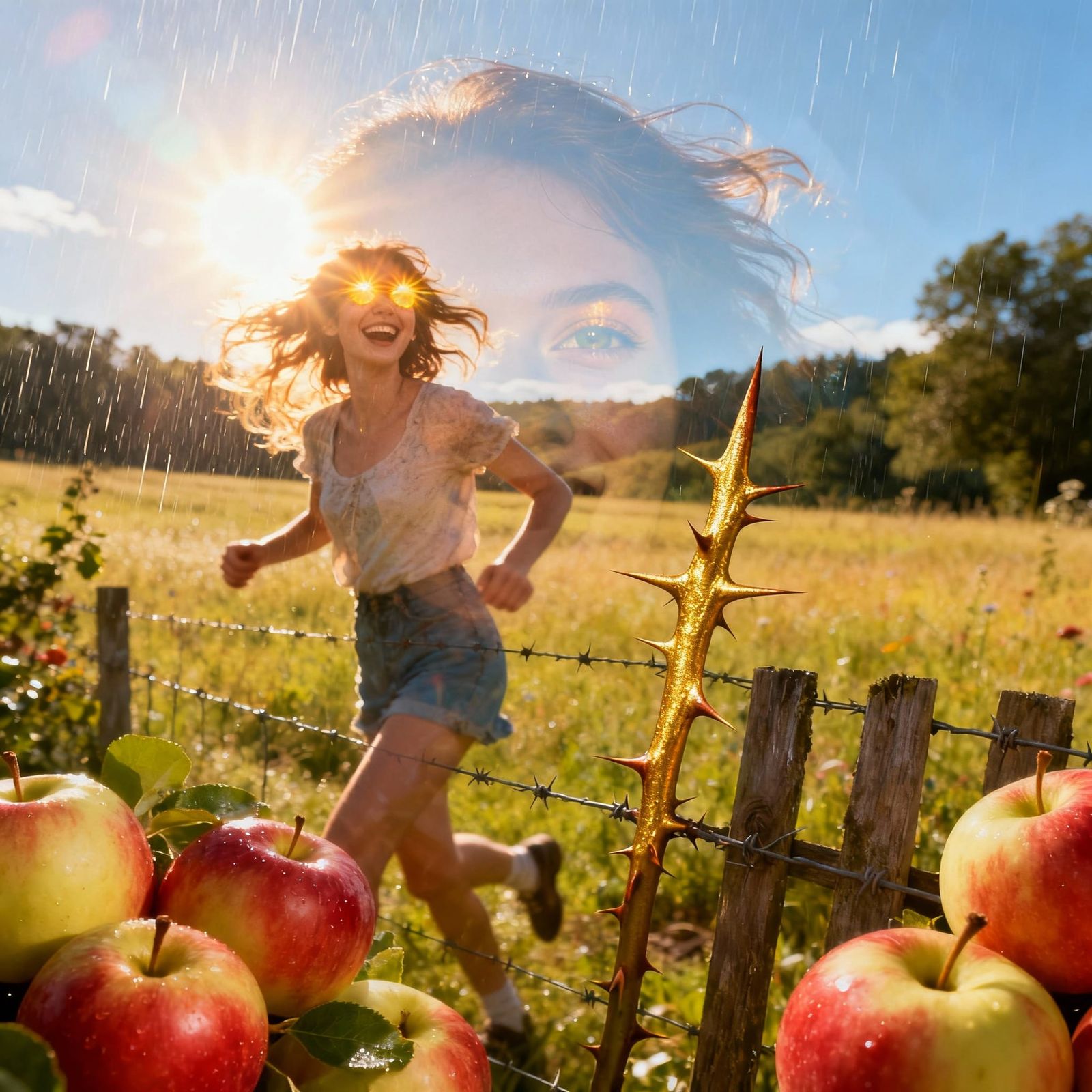 Woman Running in Sun-Drenched Field, Kaleidoscopic Double Ex...