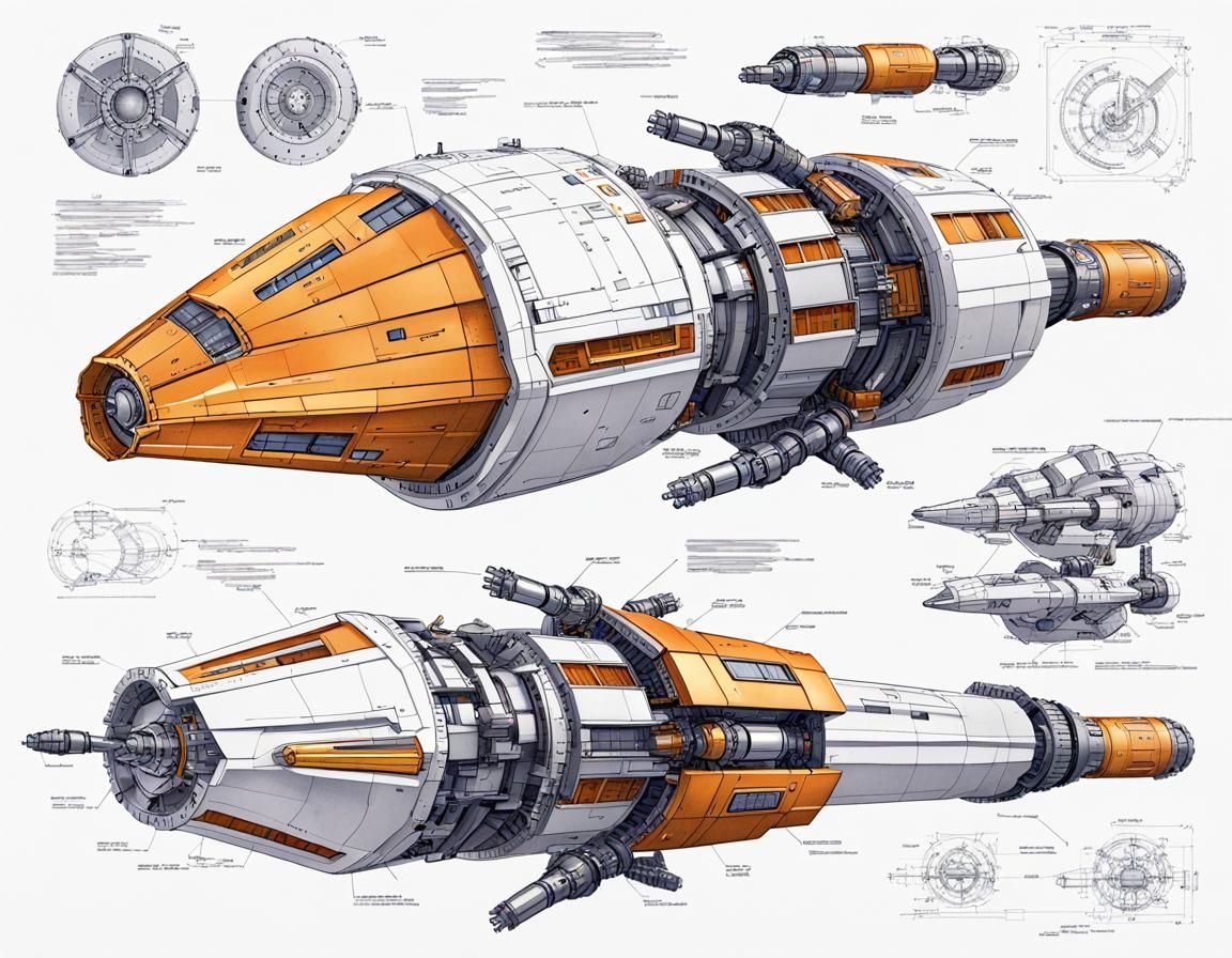 Jetson Engineering asteroid mining spaceship, remote arms, robotic mining tools, plans, full color illustration engineer...