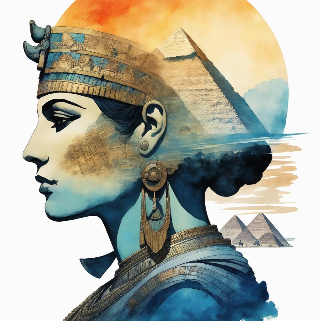 Cleopatra Silhouette in Double Exposure Watercolor