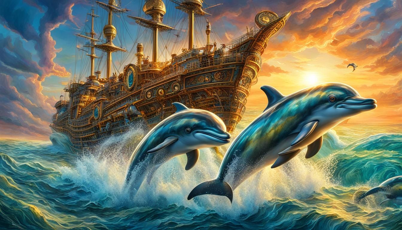 Steampunk Dolphins Race in Vibrant Seascape